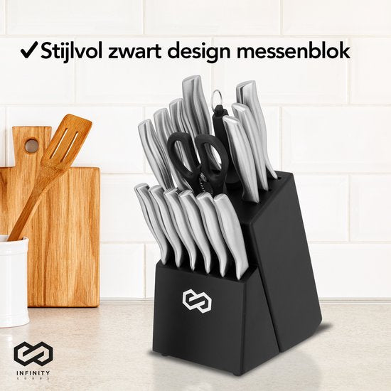Infinity Goods Messenset - Messenblok - 16 Delig - Met Blok, Messenslijper En Schaar - Krasbestendig - RVS - Zilver/Zwart