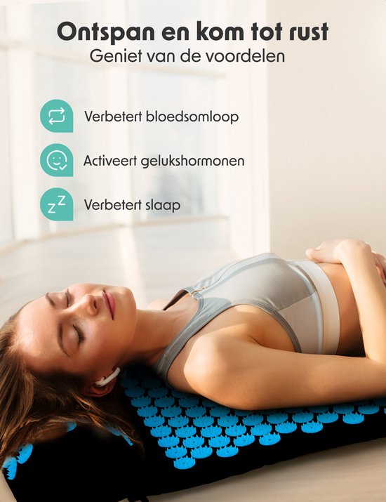 LifeGoods Acupressuur Mat met Kussen - Shakti mat - Spijkermat Incl. 2x Triggerpoint Bal - 66x40x2cm - Zwart/Turquoise