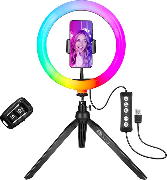 Studio ME Multi Kleuren Ringlamp met Statief - 10 inch/25 cm - RGB Lamp - Ringlight met statief - Bluetooth - Telefoonhouder - Afstandsbediening - USB - TikTok Lamp - Ring Light