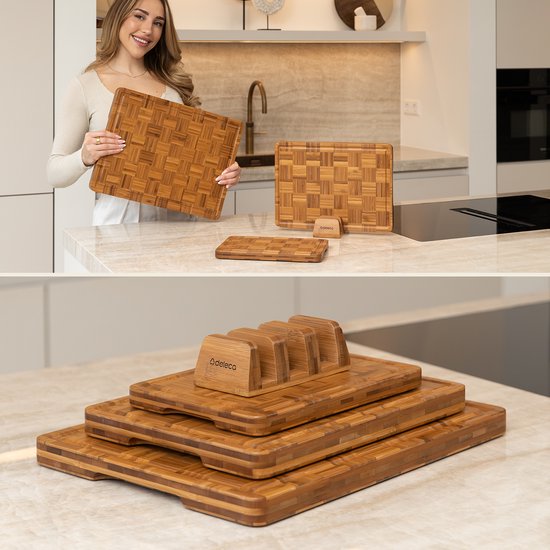 Deleca 3-delige Snijplankenset Bali met Houder - Snijplanken (40x30 | 33x24 | 26x18 cm) - Voor Japandi Keuken - Serveerplank, Kaasplank, Borrelplank, Snijplank en Tapasplank - Gecarboniseerd FSC Bamboe