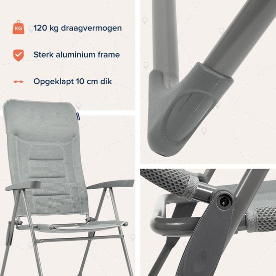 TRVLMORE Campingstoel - 7 standen - Comfortabele Kampeerstoel - 120 kg draagvermogen - Ligstand - Inklapbare stoel - Klapstoel - Grijs