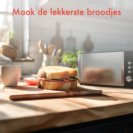 KitchenBrothers Broodrooster - Toaster - 6 Warmteniveaus - 2 Extra Lange Sleuven - 1520W - RVS/Zwart