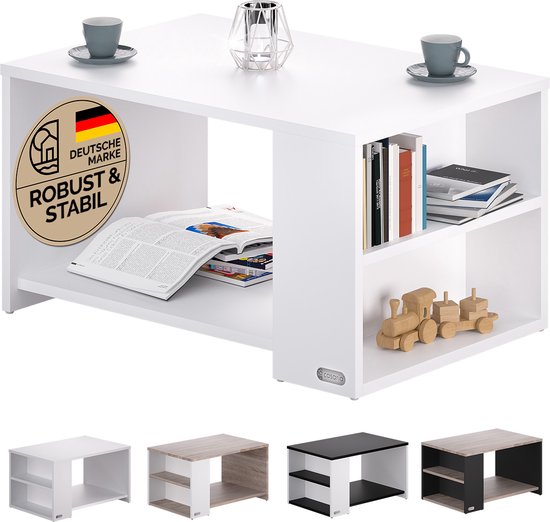 CASARIA Salontafel Opbergvakken – Draagvermogen 50kg 90x59x48cm – Wit