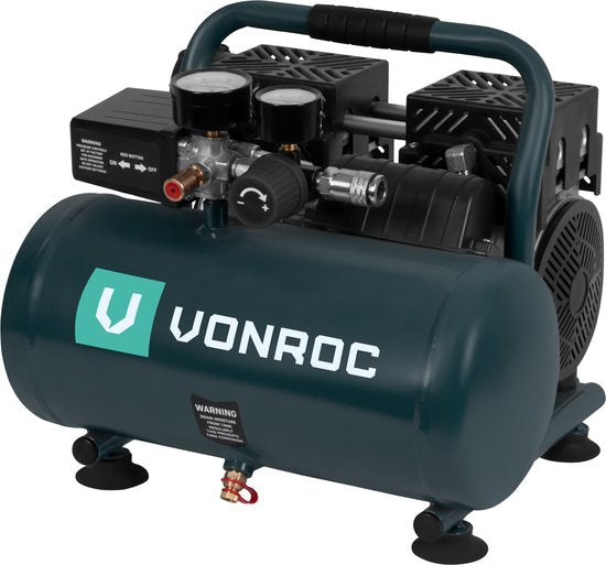 VONROC PRO Stille Compressor - Olievrij - 750W - 1PK - 128 l/min – 6 Liter – 8 Bar – 57,5dB(A) – Stil – Laag geluidsniveau - Antraciet
