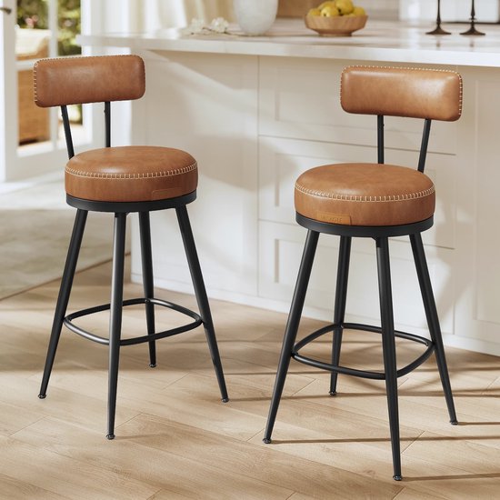 Barkruk – Set van 2 – Draaibare rugleuning – 65cm hoog- Karamelbruin