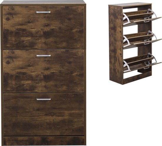 Schoenenkast - Schoenenrek met 3 Vakken met Klepdeuren - Donkerbruin Walnoot Kleurig - 112x60x30 cm