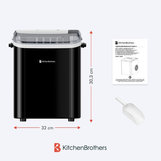 KitchenBrothers IJsblokjesmachine - 1.5L - IJsblokjesmaker – 12kg/24 uur - Draagbaar - Zelfreinigingsfunctie - Zwart
