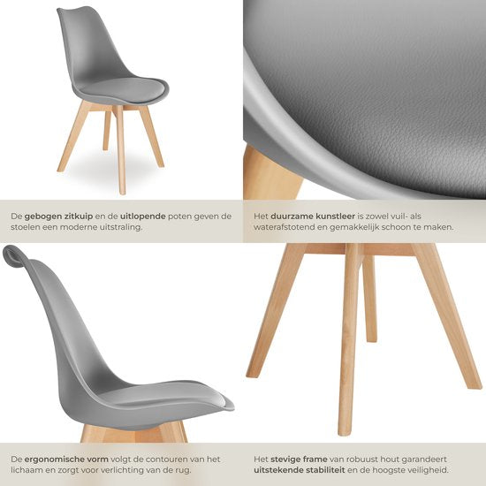 tectake® Eetkamerstoel Frederikke - Set van 4 Eetkamerstoelen met Gevoerde Stoffen Zitting - Massief Houten Poten - Ergonomische Stoelen geschikt voor Woonkamer, Eetkamer, Slaapkamer en Keuken - Draagkracht 120kg - Grijs