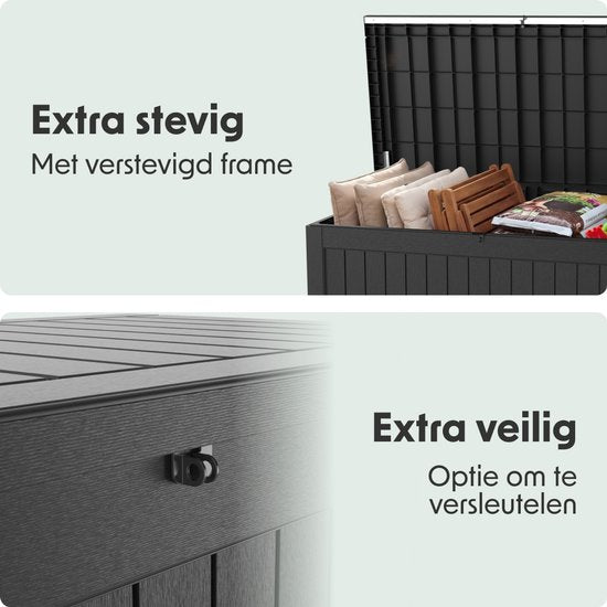 LifeGoods Opbergbox - 870L - Kussenbox - Waterdicht - Tuinkussenbox - Roestvrij - Tuinbox - 146.5x81.5x85.6 cm - Zwart