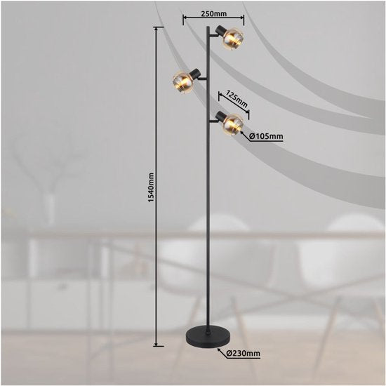 Vloerlamp TOKKI Glas 154.0cm Matt zwart | smoked E14 3-Lichts