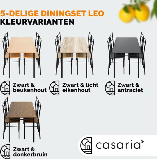 Casaria Eetkamerset Leo - 1x Eettafel 4x Stoel - Antraciet
