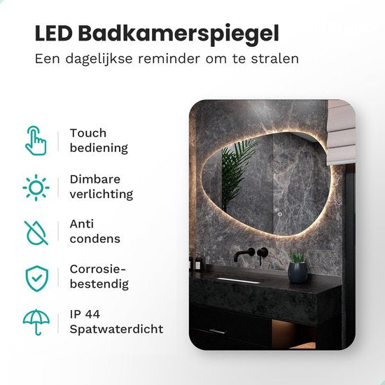 Mirlux Badkamerspiegel met LED Verlichting – Asymmetrisch - Organisch Wandspiegels – Anti Condens Douchespiegel - Wandspiegel 120x75CM