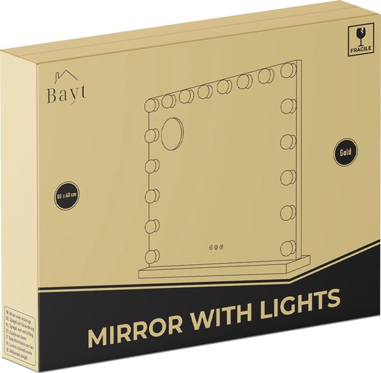 Bayt Hollywood Spiegel met Verlichting - Make Up Spiegel met Verlichting - Spiegel met Verlichting - Hollywood Spiegel 80x60 - Dimbaar - 10x Vergroting - 80x60cm - Goud