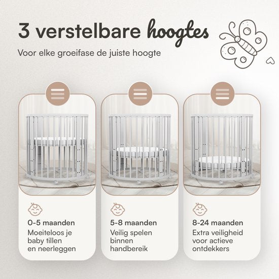 Flowsense Baby Box – Ronde Speelbox Box – Met Matras – Verstelbare Hoogtes – Wielen - Wit