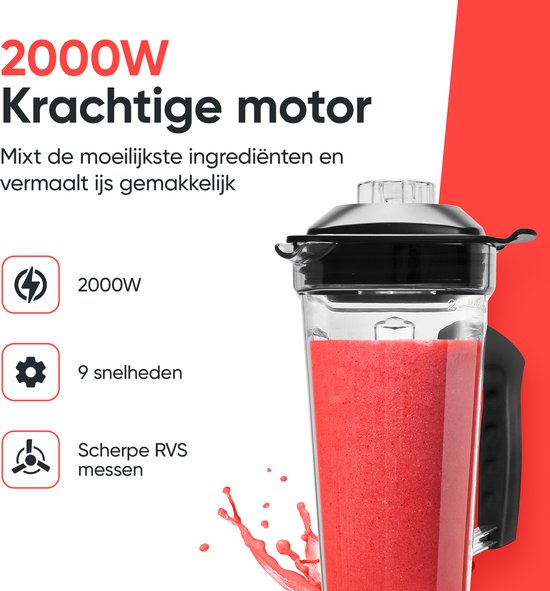 Kitchenwell Power Blender – 2000W – 2L – Smoothie Maker & IJscrusher – 9 Standen – RVS/Zwart