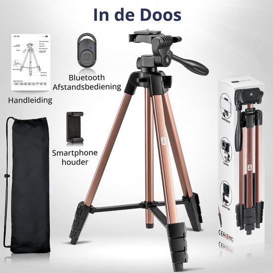 Studio ME Telefoon Statief - 136 cm - Tripod Smartphone - Rosegoud - Camera Statief - Telefoonhouder - Incl. Bluetooth Afstandsbediening - Statief Telefoon