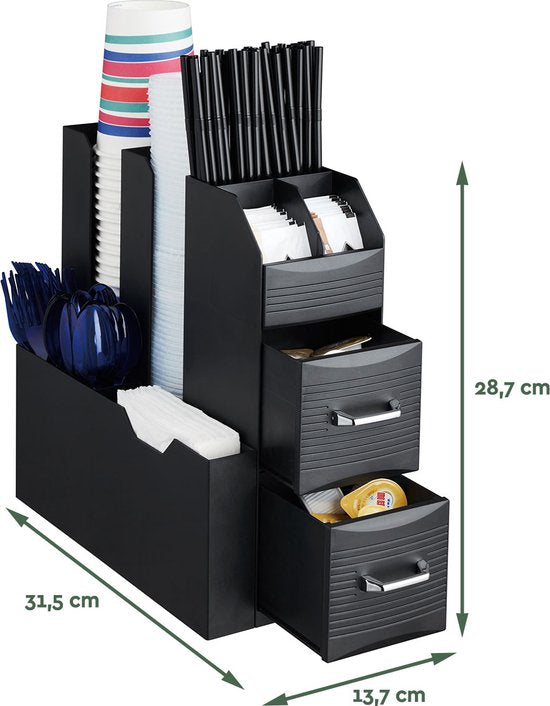 BRASQ Koffie en Thee Organizer Zwart – Ruimtebesparende Keukenorganizer met 9 Vakken & 2 Lades - Koffie Station