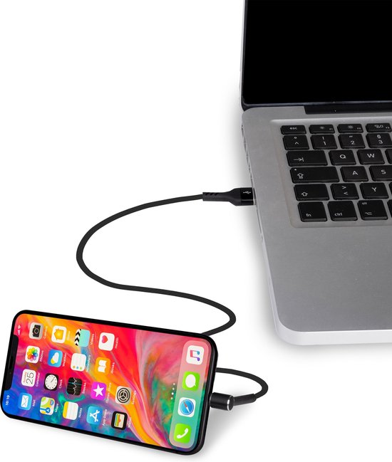 Grundig 3-in-1 USB-A naar Lightning Kabel – 1 Meter – Opladen, Synchroniseren & Telefoonstandaard – Zwart