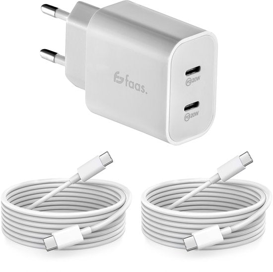 USB C Oplader - 40W - met 2x USB C naar USB C kabel - Snellader - 2 Oplaadpoorten - Wit - van Faas