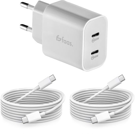 USB C Oplader - 40W - met 2x USB C naar USB C kabel - Snellader - 2 Oplaadpoorten - Wit - van Faas