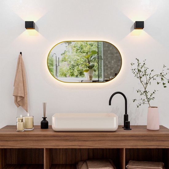 Mirlux Badkamerspiegel met LED Verlichting & Verwarming – Wandspiegel Ovaal – Goud Frame - 90x50CM