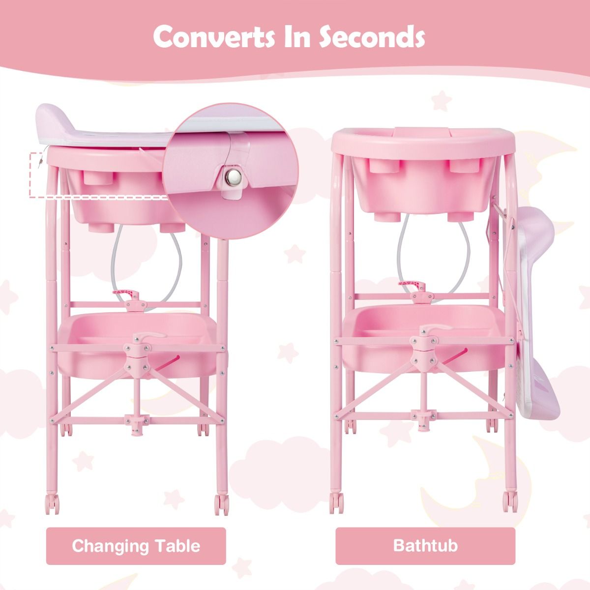 Coast 4-in-1 Opvouwbare Verschoontafel met Bad en Wielen - Roze - 86 x 50 x 100 cm