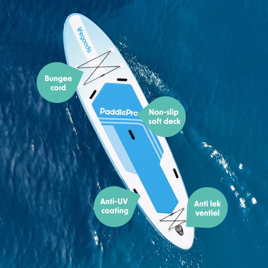 LifeGoods SUP Board Tandem - 2 Personen - 220 KG Draagkracht - 381 x 86 cm - Opblaasbaar - Compleet Sup pakket - Sky Blue