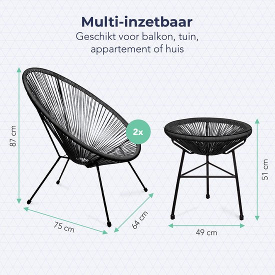 LifeGoods Acapulco Bistroset - 3-Delig - Tuinset met Bijzettafel - Zwart