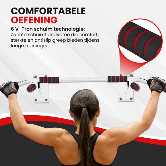 TTD® Premium Pull Up Bar - Pull Up Station - Optrekstang Wandmontage - Dip Station - Dip Bars - Thuis Sporten - Thuis Fitness - Premium materialen - Extra stevige montage onderdelen - Home workout - Wit/Rood