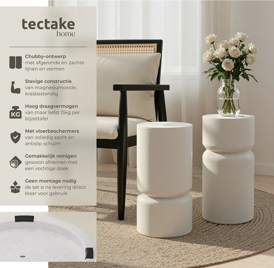 tectake® Bijzettafel Amine - Ø 28 x 54,5 cm - Set van 2 Bijzettafels - Koffietafel in Robuust Magnesiumoxide in Steenlook - Tafeltje voor Woonkamer, Slaapkamer of Kantoor - Draagkracht 15kg per Tafel - Inclusief Vloerbeschermers