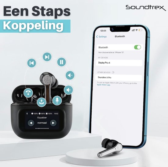Soundtrex Display Draadloze Oordopjes - Bluetooth Oordopjes – Oortjes draadloos - Active Noise Cancelling - LED Display - Bluetooth 5.3 – Zwart