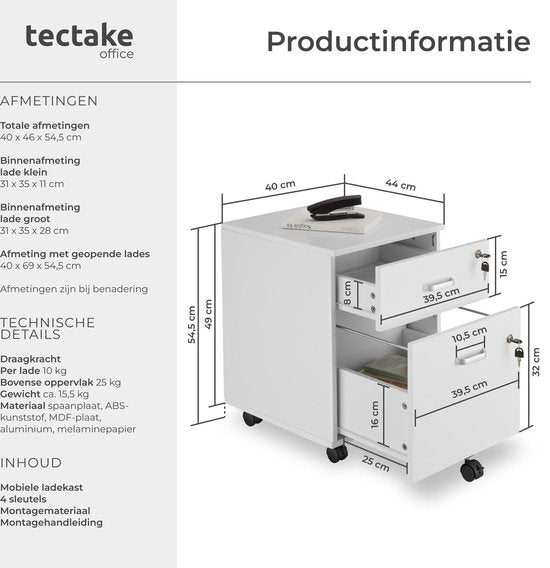 tectake® Ladenkastje - Met 2 afsluitbare lades, vergrendelbare wielen - Rolkast - Organizer - Perfect voor een georganiseerde werkplek - Kantoor, studeerkamer , thuiswerkplek - Wit