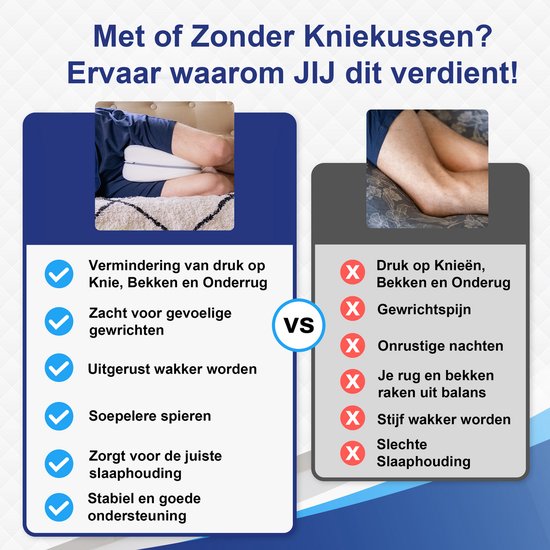 Sleeptight Orthopedisch Kniekussen voor in Bed Zijslapers - Zijslaapkussen - Beenkussen Traagschuim - Ergonomisch Zijslaper Kussen - Met Band - 25cm