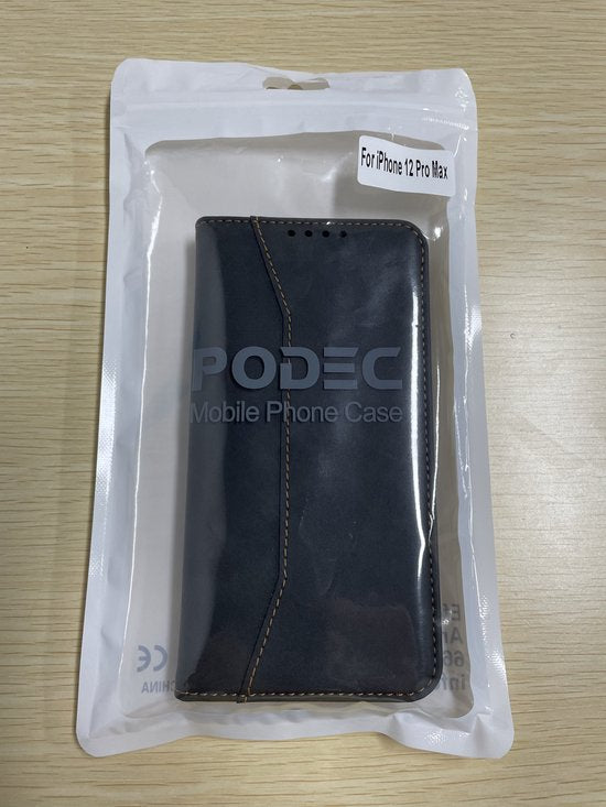 Podec Hoesje met Pasjeshouder Geschikt voor iPhone 12 Pro Max Zwart Telefoonhoesje - Anti-Shock Bookcase Cover met 1x Screenprotector - Wallet Case