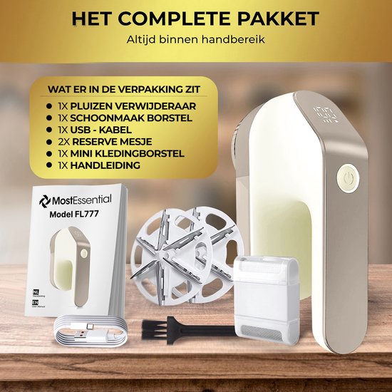MostEssential Premium Elektrische Pluizenverwijderaar FL777 – Pluizentondeuse - USB-C Snellaadfunctie - Draadloos - 2000 mAh Batterij - PRO Edition