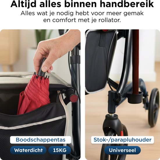 Medzone Rollator Lichtgewicht en Opvouwbaar - Binnen en Buiten - Zitfunctie - Rugleuning en Wandelstok Houder - Zwart
