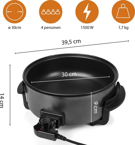 Tristar Hapjespan PZ-9135 - Elektrische Hapjespan met Deksel 30 cm - Snackpan XL - Anti-aanbaklaag en Regelbare Thermostaat - Maximaal 250 ⁰C - Zwart