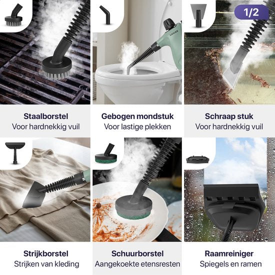 LUMAN 16 in 1 Stoomreiniger C3 - Steam Lock Functie - Handstoomreiniger - Handstomer - Vlekkenreiniger - Tapijtreiniger - Incl. Opbergtas en 16 Opzetstukken - 1050 Watt - 450 ML - Groen