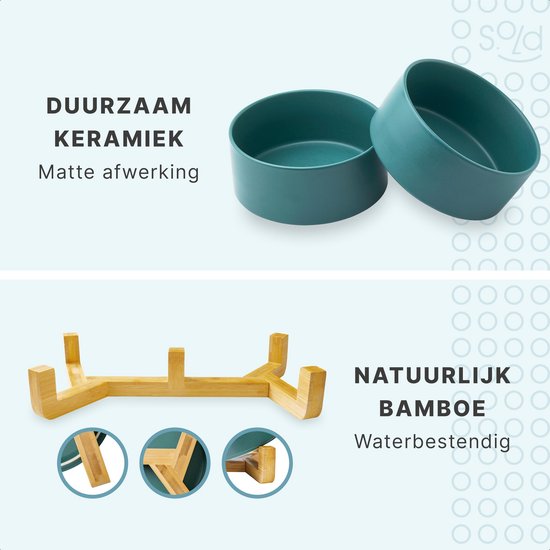 Voerbak Hond - Drinkbak - Met Bamboe Standaard - 2x 800 ml - Maat M - Groen Mat