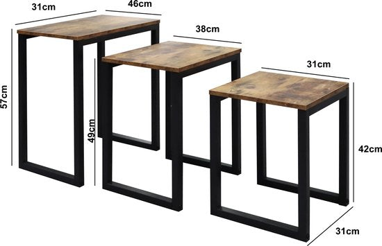 Industriële Zwart-Bruine Bijzettafel Set van 3: Stijlvol en Ruimtebesparend