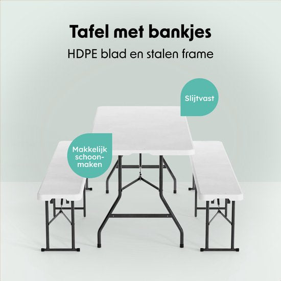 LifeGoods Inklapbare Picknickset - 180cm x 74cm - Tuintafel met 2 Banken - Weerbestendig - Campingtafel - Biertafel Opklapbaar - Voor Binnen en Buiten - Voor 6 tot 8 Personen - Wit
