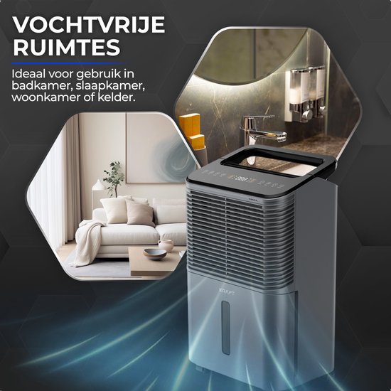 Kraft Luchtontvochtiger - 16L per dag - Was-droog Functie - Ontvochtiger voor Slaapkamer, Badkamer, Woonkamer - Dehumidifier - Antraciet