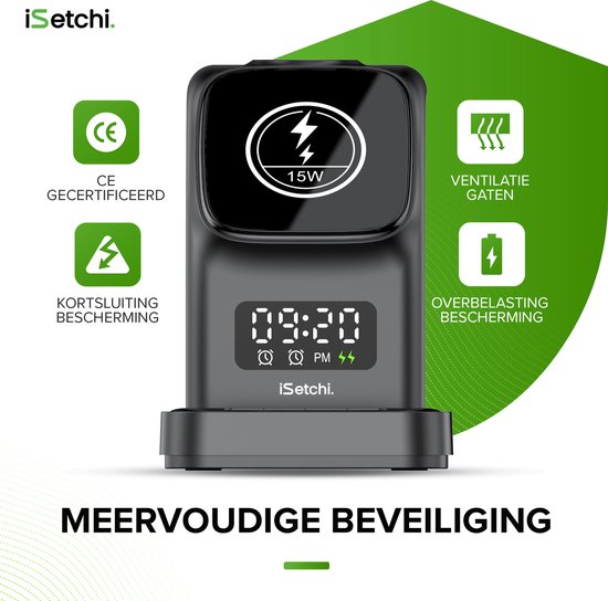 iSetchi MagSafe 5-in-1 Draadloze Oplader (15W USB-C snellader) - Met LED lamp, Digitale klok & Alarm functies - Geschikt voor iPhone, Apple iWatch & Airpods - Draadloos Qi Station - GSM Lader