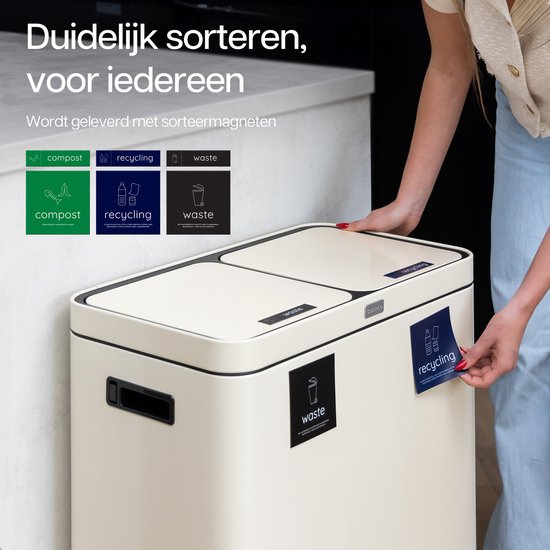 Deleca Recycle Prullenbak - 2 Vakken - 60 Liter (2x30) - Statiegeld container - Pedaalemmer - FreshAura Geurbestrijding - RVS Crème Wit