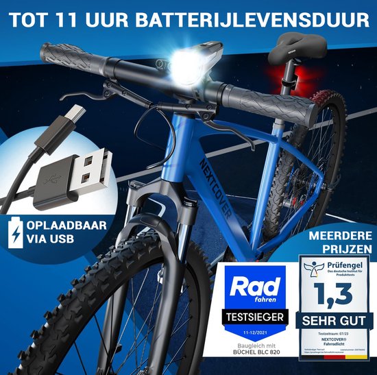 NEXTCOVER® Fietslampjes LED Set 80 Lux Basic - Wit en Rood met "LightSense" sensor schakelaar inbouw en 11u batterijduur - USB oplaadbaar & waterdicht - StVZO (Duitsland) goedgekeurd- LED fietslicht voor fietslamp & fietsachterlicht, fietsverlichting
