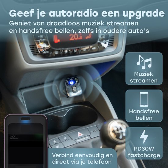Audyn Bluetooth FM Transmitter - USB-A & USB-C - Bluetooth-ontvanger - Snellader - Autolader - Carkit - Auto Accessoires - RGB