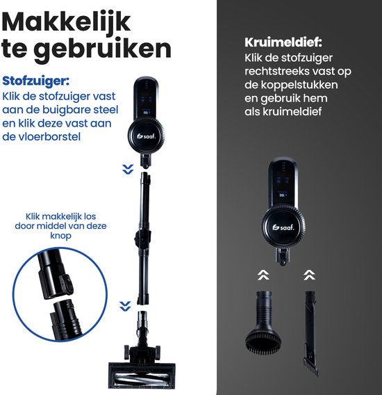Saaf G90 Steelstofzuiger – 250W – Steelstofzuiger Draadloos – Stofzuiger Zonder Zak – 7-delige set met Buigbare Steel – 30kPa – Kruimeldief – Zwart