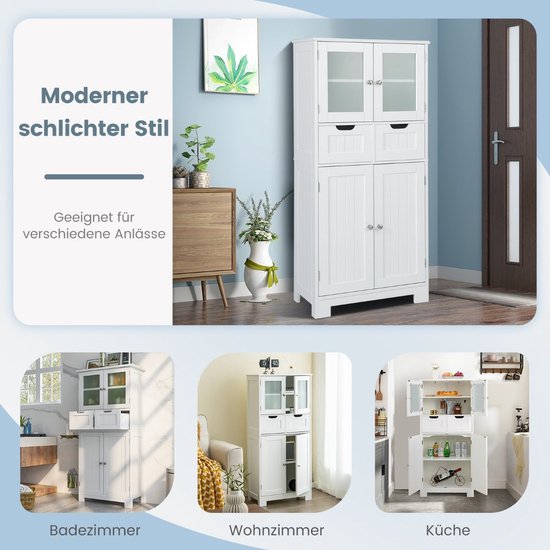 Coast Pantry gratis vrijstaande badkamerkast met 2 glazen deuren 60 x 30 x 128 cm wit