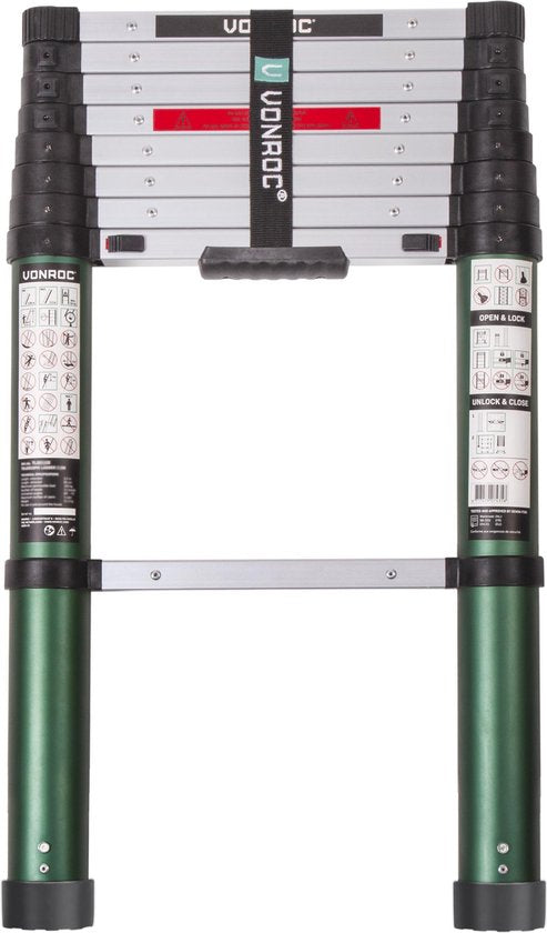 VONROC Professionele Telescopische Ladder – 2.6m – Soft-Close – Veilig, Compact & Stabiel – Aluminium – 150 kg