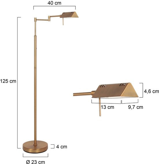 Vloerlamp GlowGo 4603BR - Bronzen klassieke vloerlamp van Mexlite met geïntegreerde accu, verstelbare arm en dimmer, hoogte 125 cm